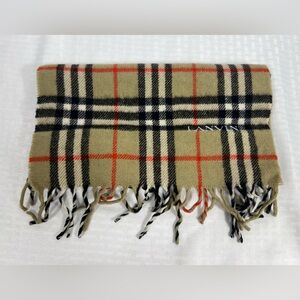 LANVIN Beige Plaid Wool Scarf Fringe Logo Print
